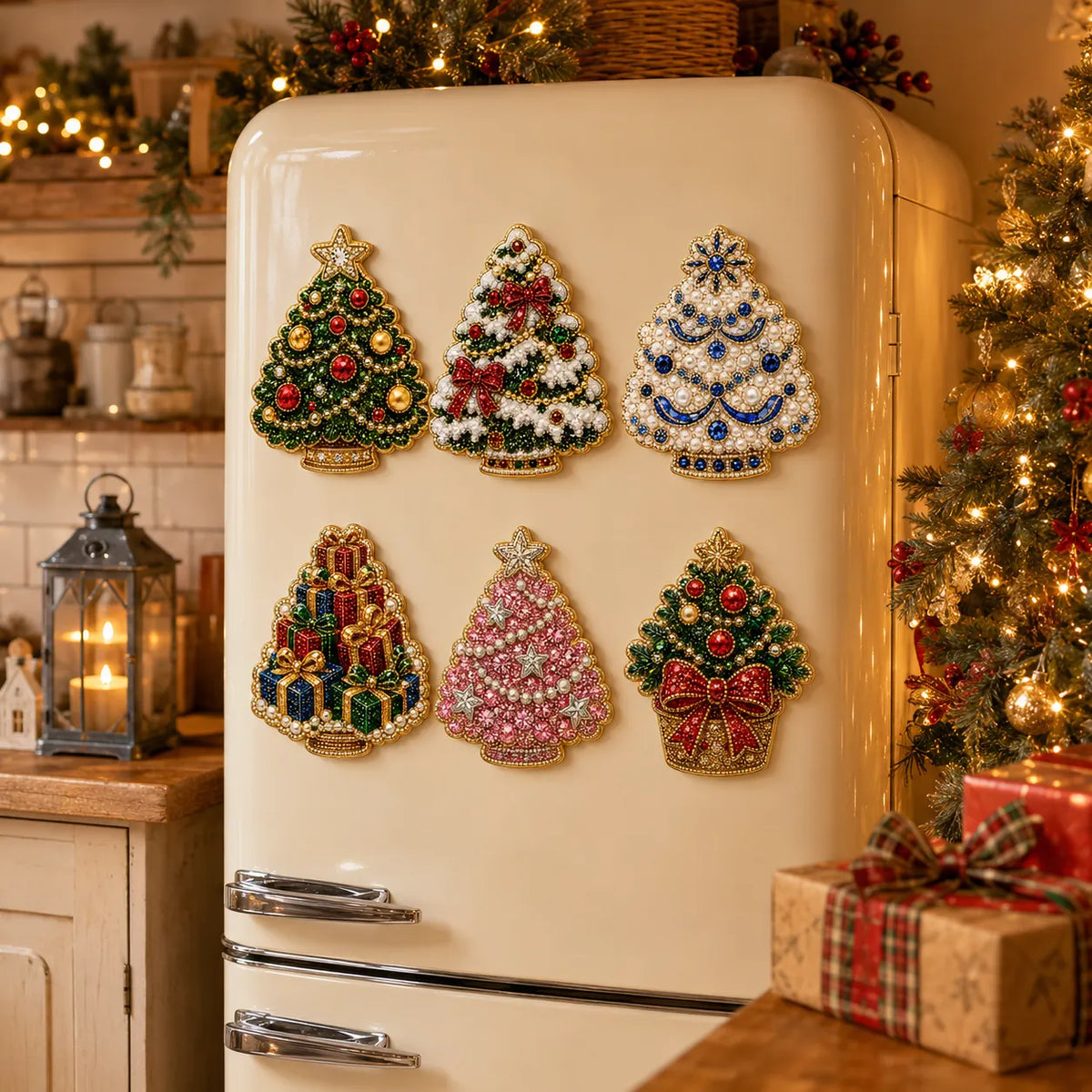 6pcs DIY Colorful Tree Ornaments Pearls Diamond Painting Fridge Magnet Christmas Decor