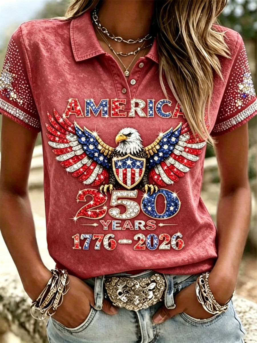 American 250th Anniversary Rhinestone Design Women's Polo Shirt