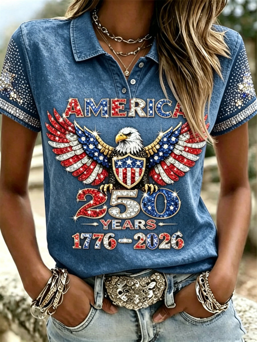 American 250th Anniversary Rhinestone Design Women's Polo Shirt