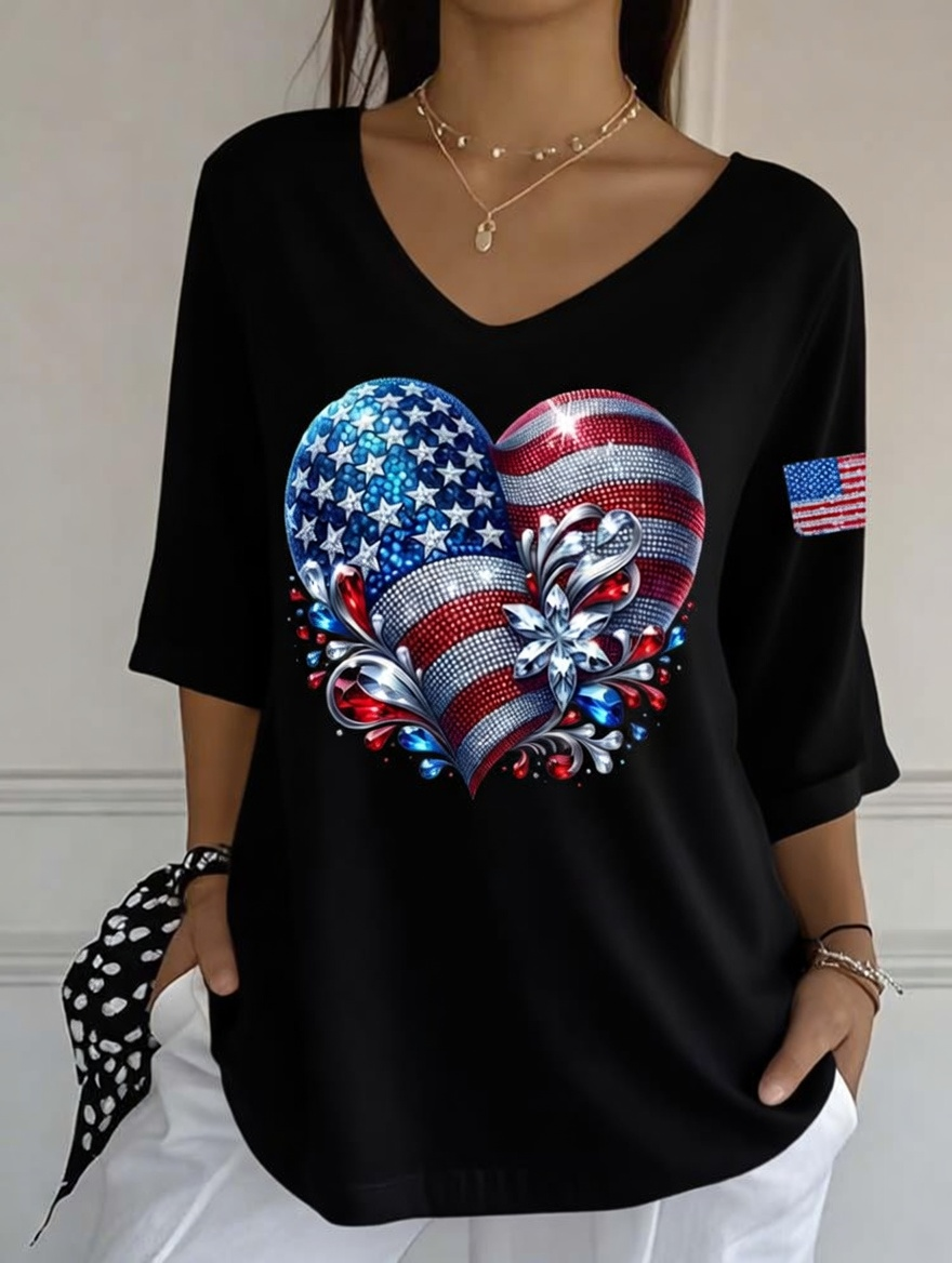 Women'S Casual American Flag Independence Day Print V-Neck Half Sleeved T-Shirt