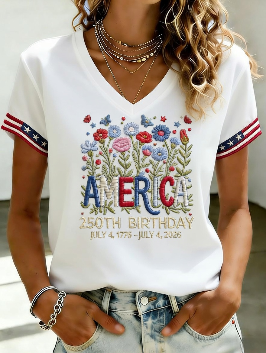 Women's Independence Day 250th Anniversary Printed V-neck T-shirt