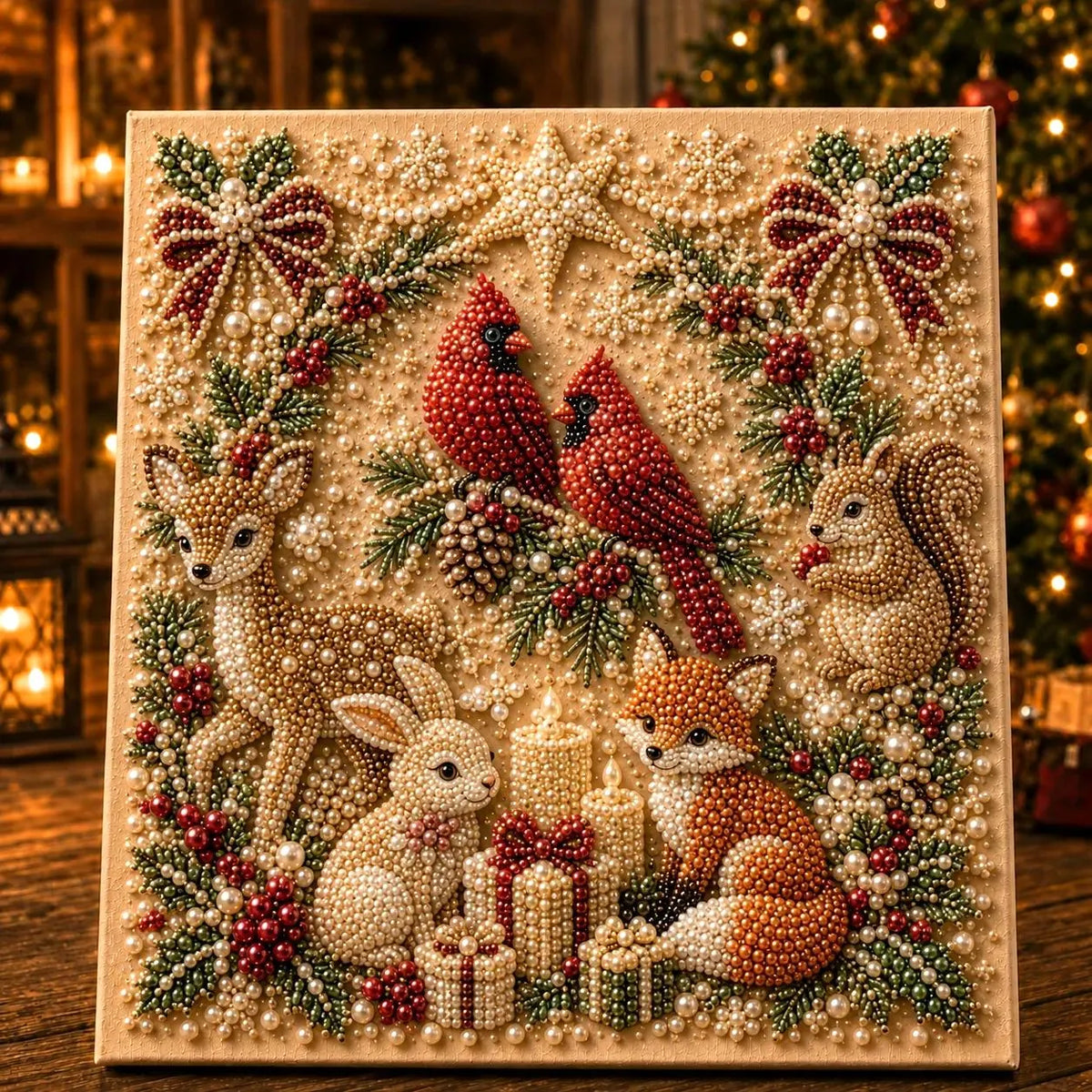 Framed Forest Xmas Critters - Pearls Painting Kit DIY Christmas Diamond Painting Pearl Dot Crafts 20x20CM