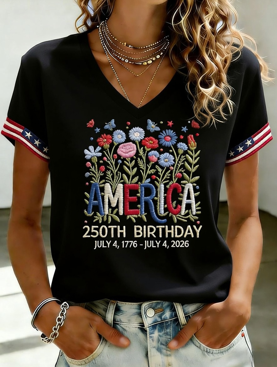 Women's Independence Day 250th Anniversary Printed V-neck T-shirt