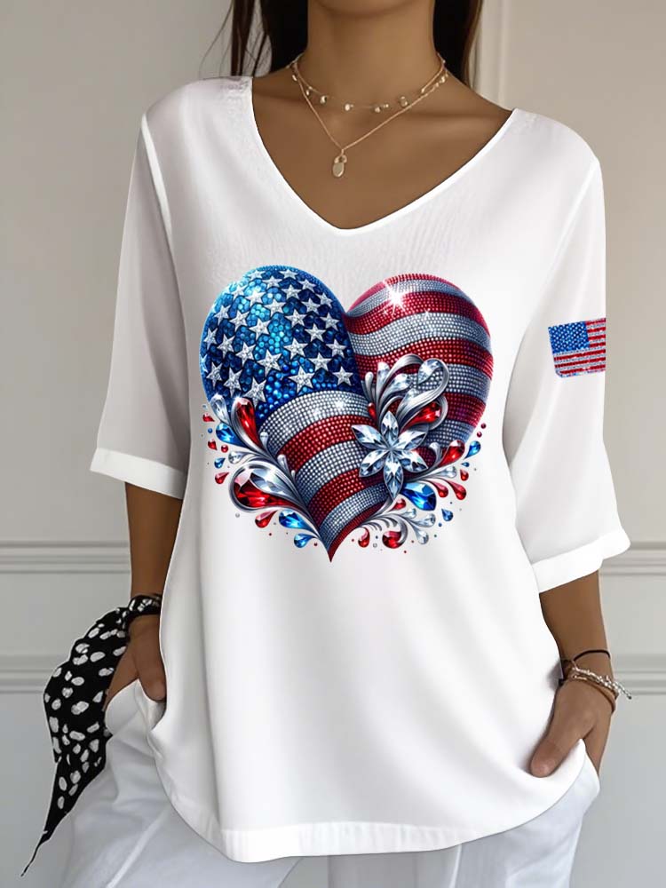 Women'S Casual American Flag Independence Day Print V-Neck Half Sleeved T-Shirt