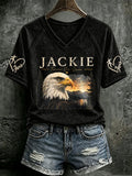 V Neck Retro Jackie Forever Our Queen Print T-Shirt