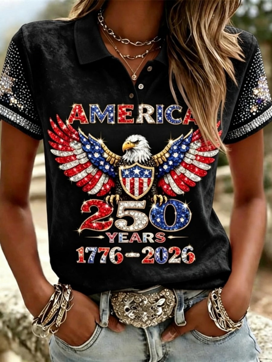 American 250th Anniversary Rhinestone Design Women's Polo Shirt