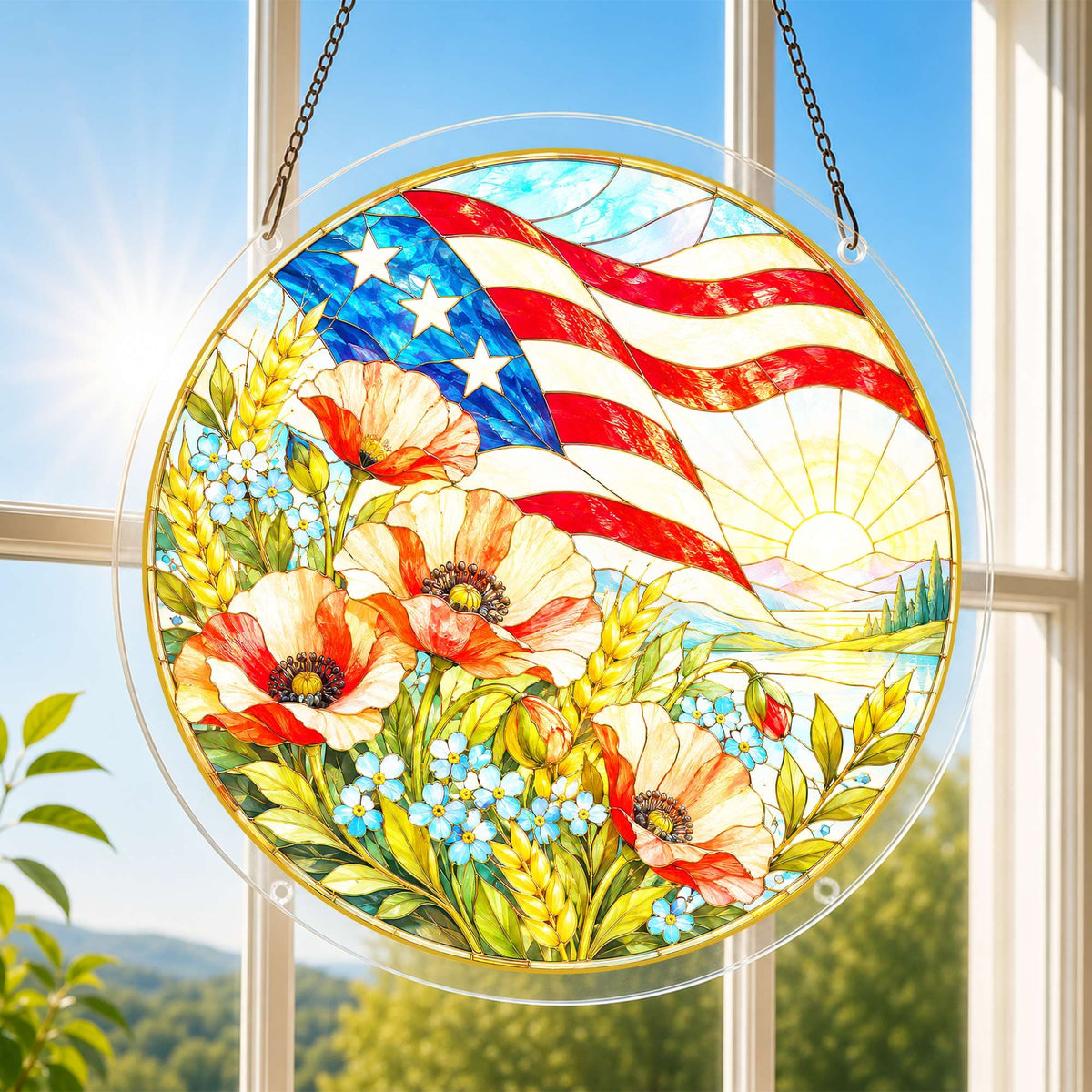 Acrylic Jigsaw Puzzle Suncatcher - Poppies and Old Glory