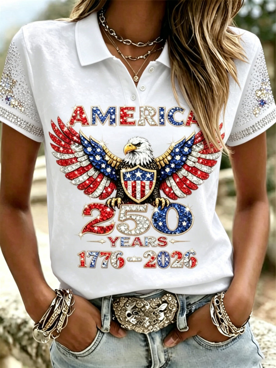 American 250th Anniversary Rhinestone Design Women's Polo Shirt