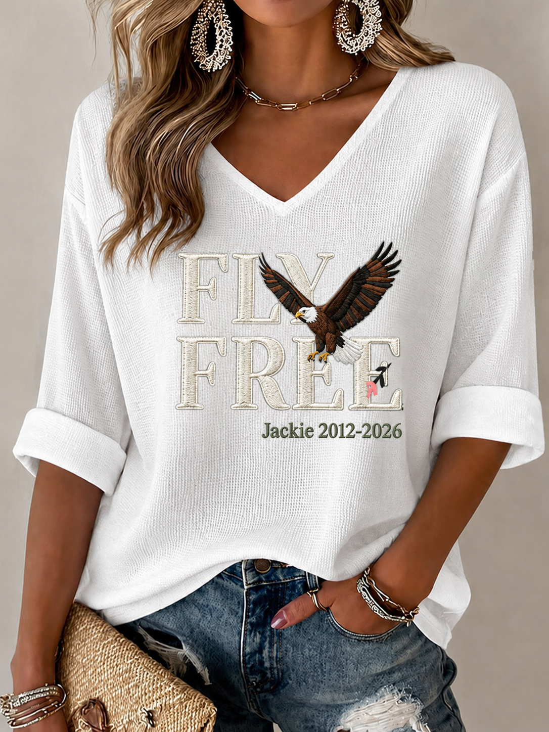 Women'S V-Neck Retro Forever Free Jackie Print T-Shirt