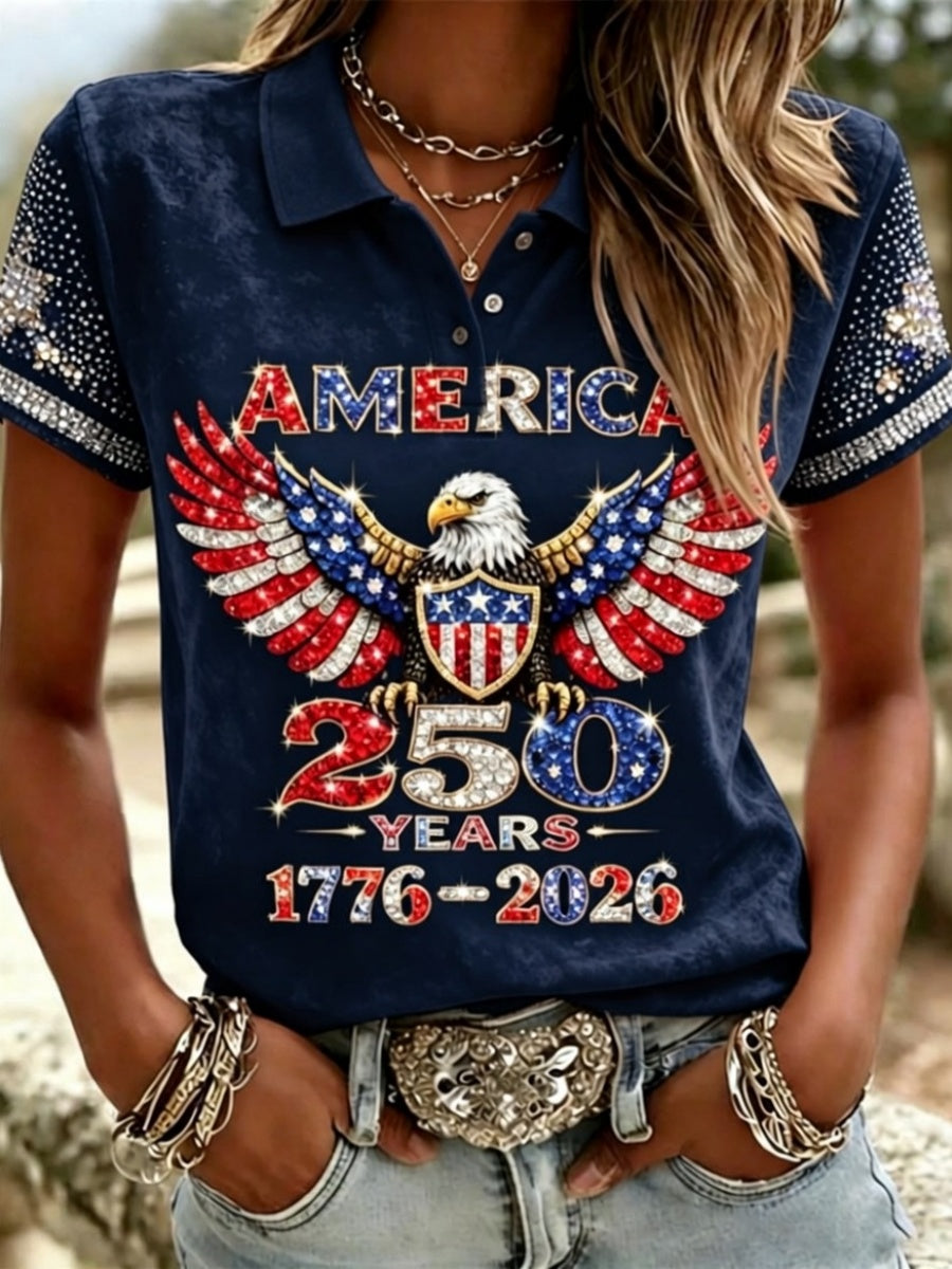 American 250th Anniversary Rhinestone Design Women's Polo Shirt