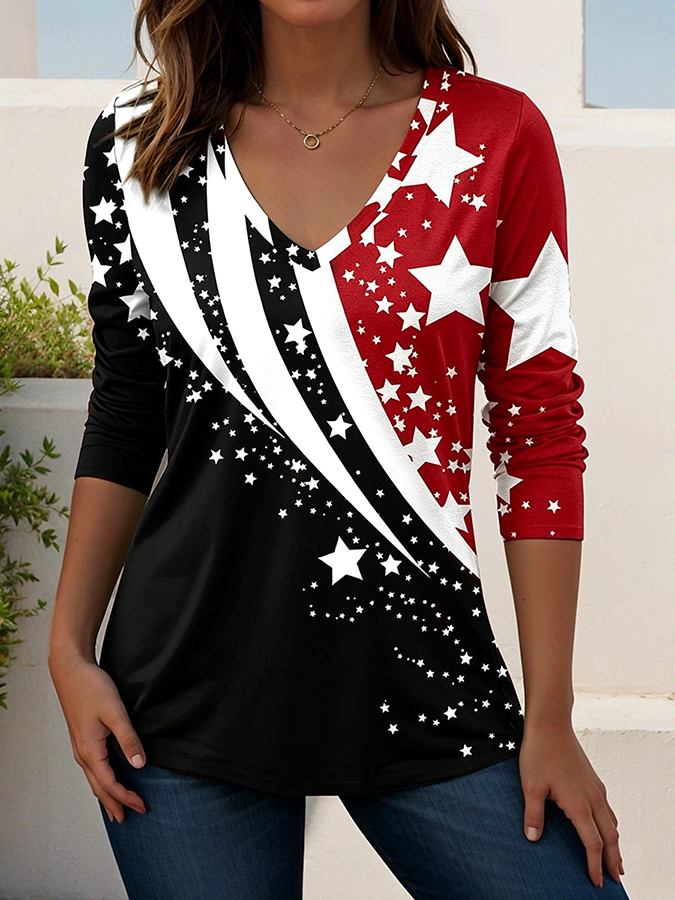 Casual America Flag Printing V Neck Long Sleeve T-shirt