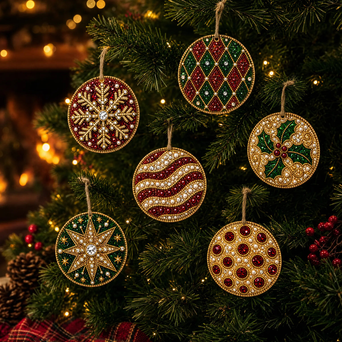 6 Pcs Christmas Wooden Ornaments DIY Pearls Diamond Painting Kit Rhinestone Art Pendants with Hemp Rope for Holiday Tree Decor